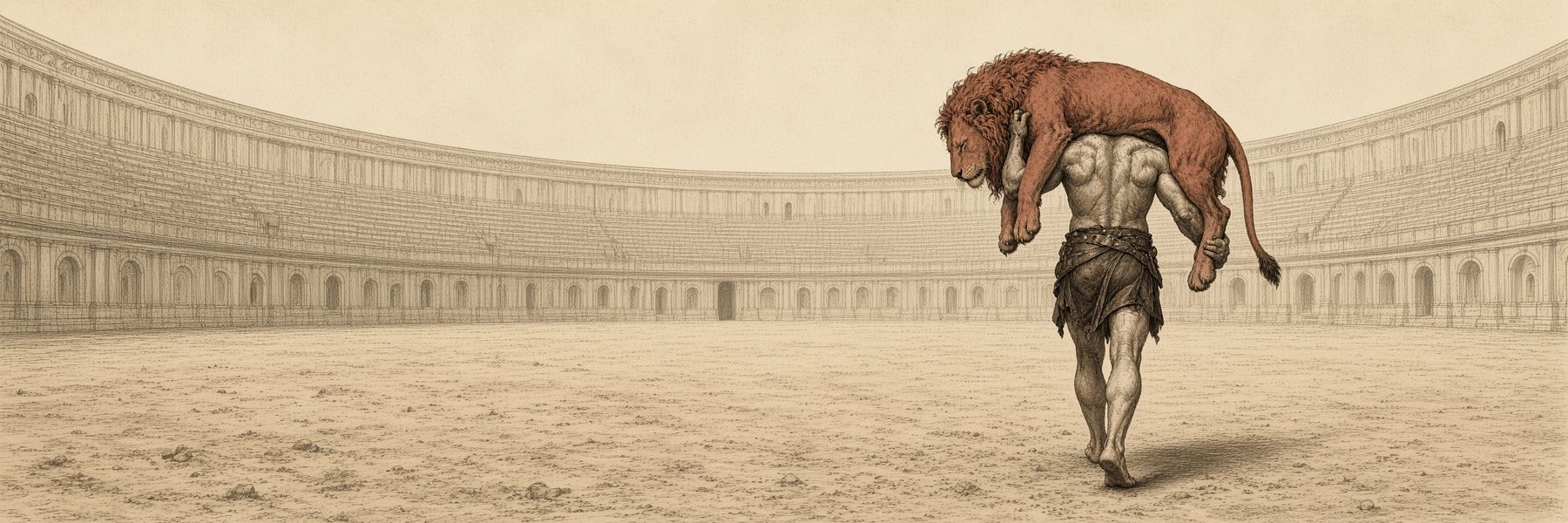 A man walks out of an empty arena carrying a lion across his shoulders; pen and ink on cream paper, the lion in rust.