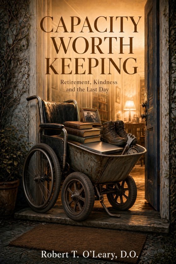 Cover of Capacity Worth Keeping: a wheelchair and a wheelbarrow of books and boots in a lit doorway.