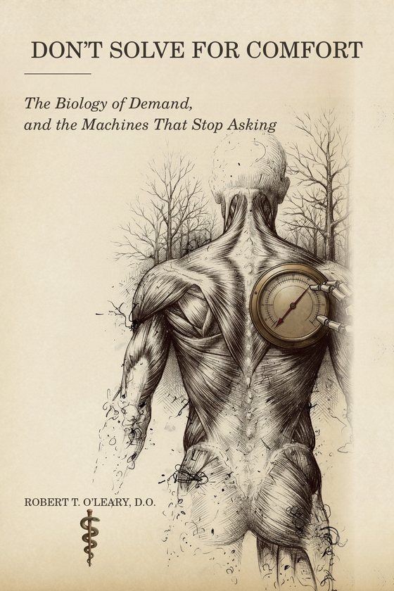 Cover of Don't Solve for Comfort: a pen-and-ink figure seen from behind, with a pressure gauge set into the back.