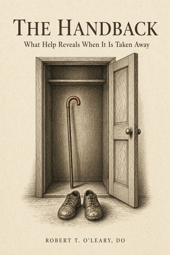 Cover of The Handback: an open closet with a cane standing inside and a pair of worn shoes on the floor in front; pen and ink, the cane handle in rust.