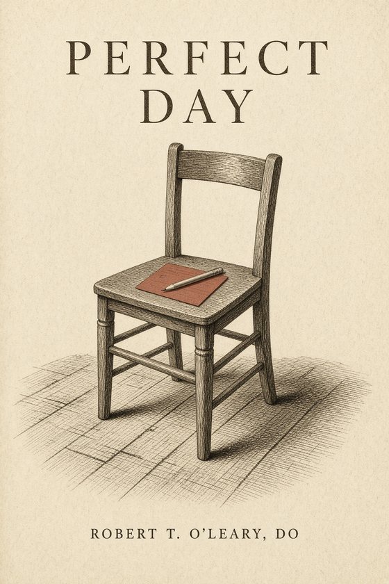 Cover of Perfect Day: a plain wooden chair on floorboards with an index card and pencil on the seat; pen and ink, the card in rust.